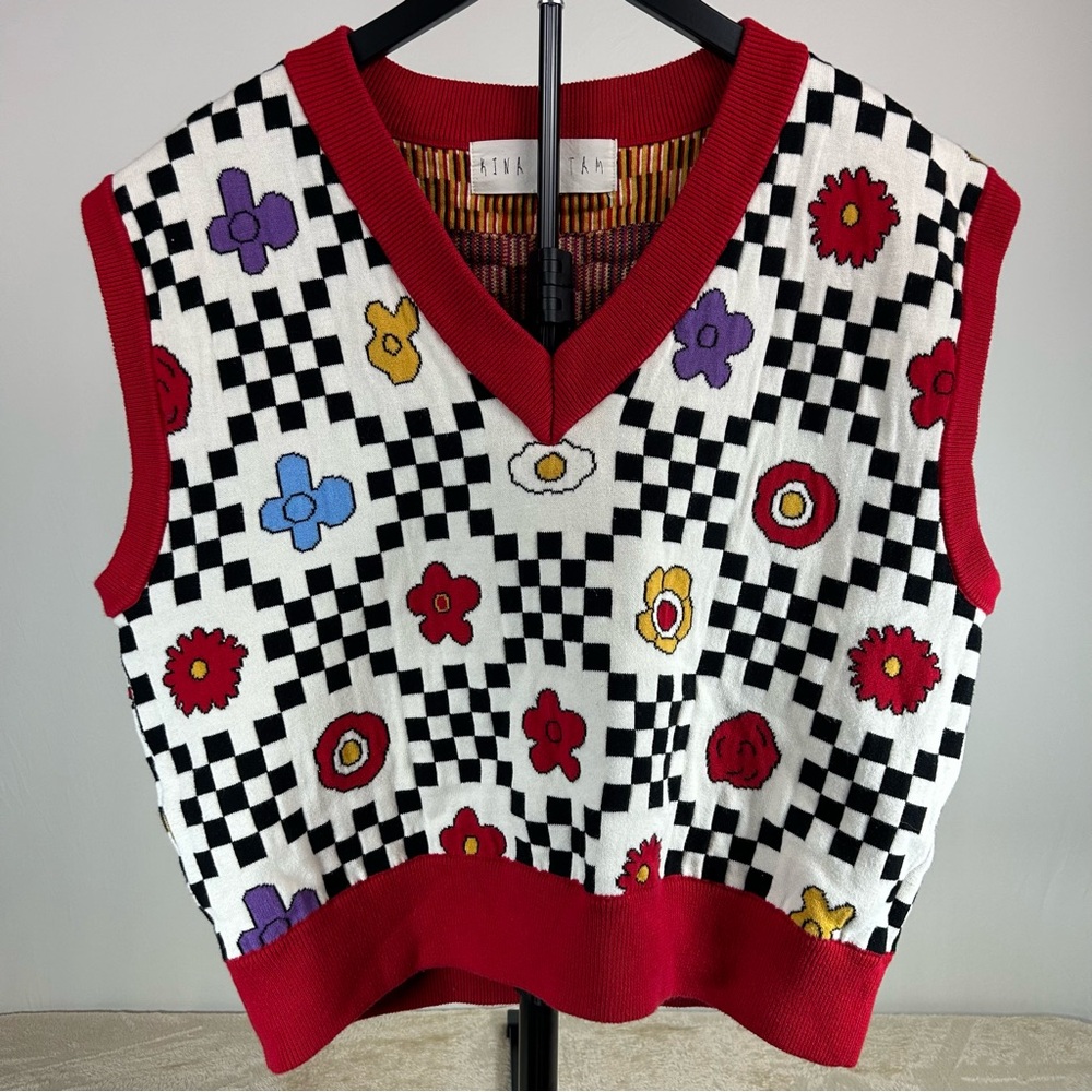 Kina & Tam 100% Cotton Checkerboard Floral Sweater Vest M